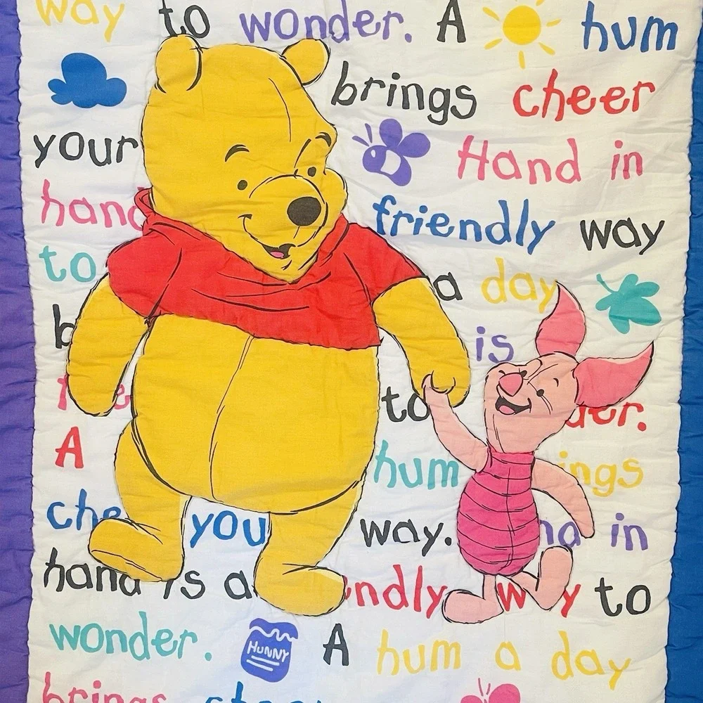 Vtg Winnie the Pooh Piglet Holding Hands Disney Crib Quilt Blanket 1995